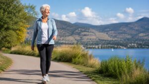 Healthy older adult walking confidently outdoors with upright posture along a scenic Okanagan pathway beside a lake and mountains, representing mobility, independence, and healthy ageing.