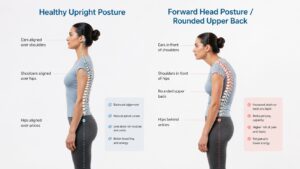Side-by-side comparison of healthy upright posture and forward head posture with rounded upper back, showing proper spinal alignment versus poor posture.