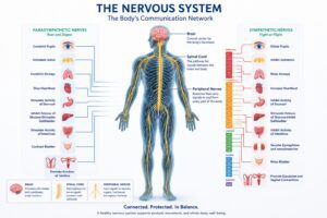 Medical illustration of the human nervous system showing the brain, spinal cord, peripheral nerves, and the relationship between the parasympathetic and sympathetic nervous systems.
