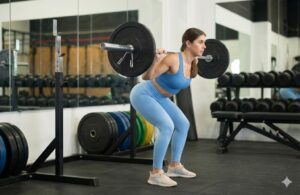 Good mornings exercise with barbell on shoulders bending forward