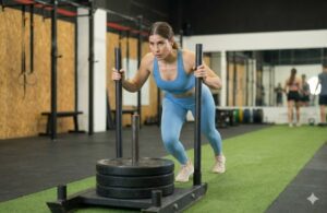 Sled push exercise demonstrating posterior chain work without back shear