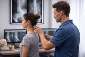 Chiropractor performing posture assessment with spinal alignment evaluation.