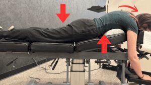 Mirror image chiropractic adjustment setup customized from patient X-rays for anterolisthesis correction and spinal stabilization