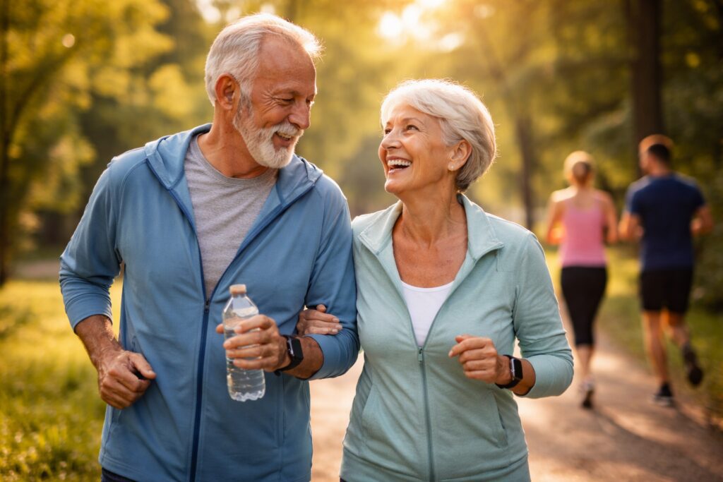 Active seniors walking outdoors representing healthy aging and long term spinal health