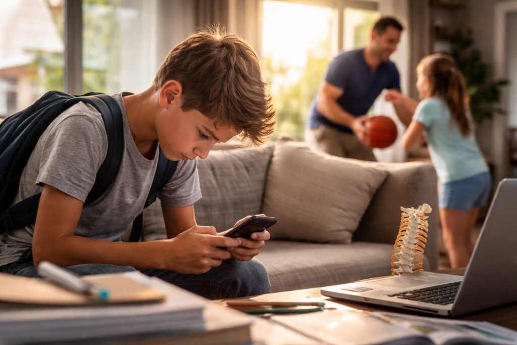 Child using smartphone with poor posture while family remains active in background showing impact of screen time on spinal health