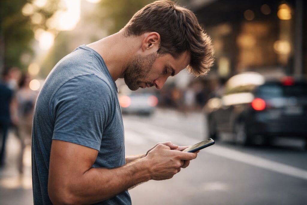 Text neck posture from smartphone use showing forward head posture and spinal strain