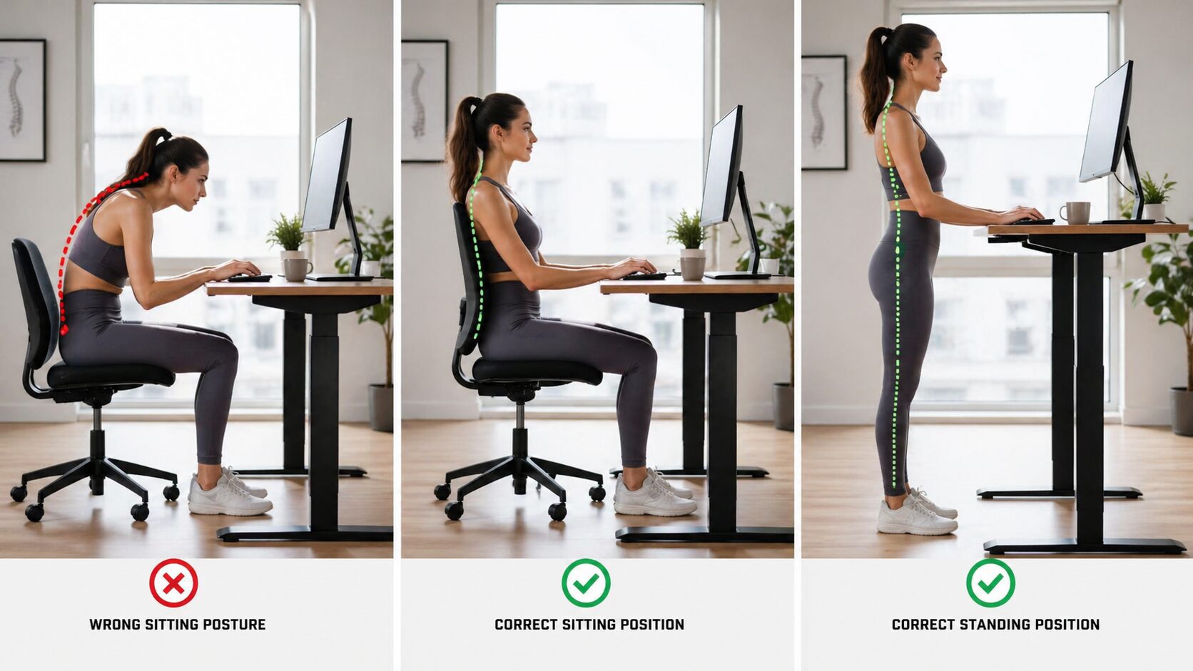 Comparison of poor posture and correct posture at a computer workstation to prevent sitting-related spinal problems