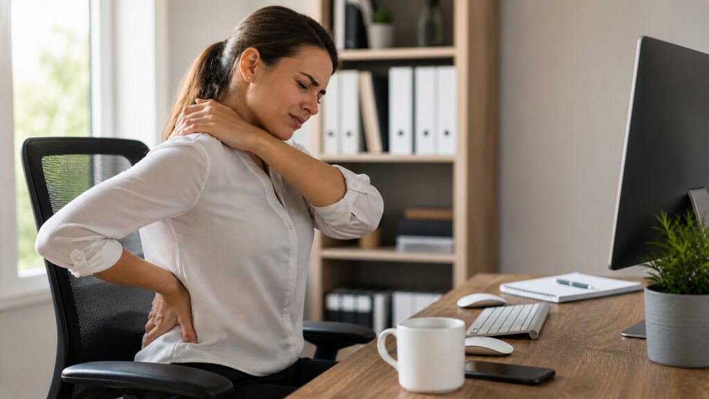 Woman experiencing neck and lower back pain from sitting at a desk all day with poor posture