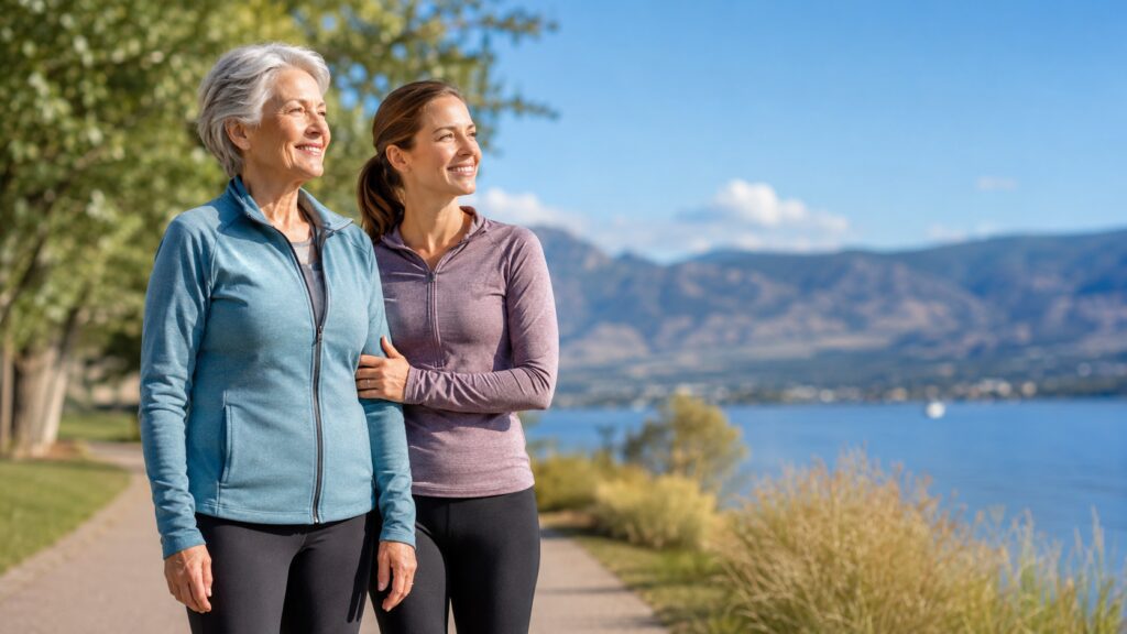 Healthy older adult standing with excellent posture beside a younger family member outdoors in the Okanagan, representing longevity, healthy ageing, movement, and family wellness.