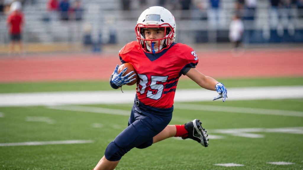Young athlete running on a sports field, representing performance optimisation, posture, prevention, and chiropractic care for young athletes in Kelowna.