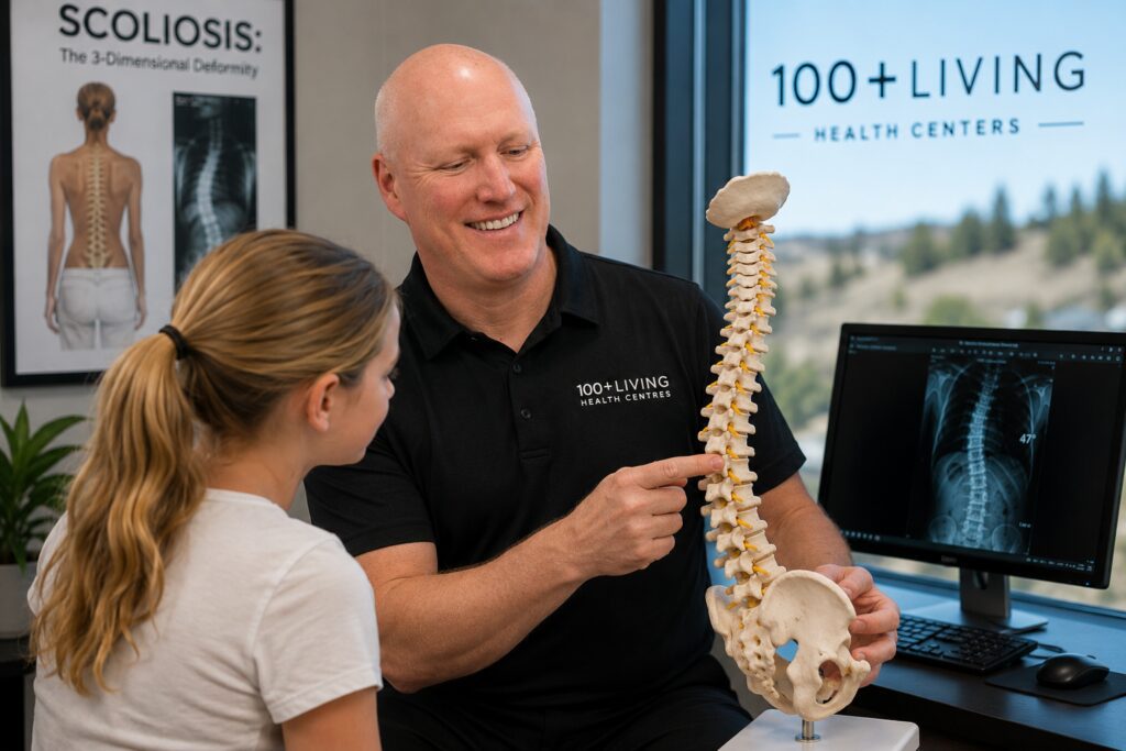 Dr. Graham Jenkins, Advanced Certified Chiropractic BioPhysics practitioner, explaining scoliosis and spinal health to a young patient during a consultation at 100+Living Health Centers in Kelowna.