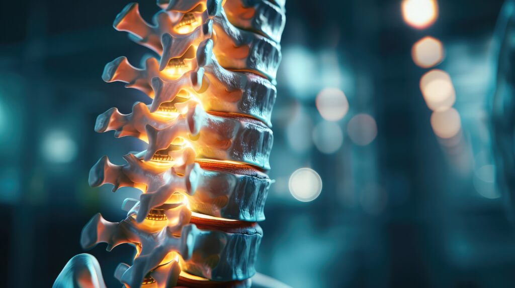 A diagnostic X-ray of the lumbar spine, revealing the vertebrae and intervertebral discs that make up the lower back, supporting the body's weight and facilitating movement. Slipped Vertebra