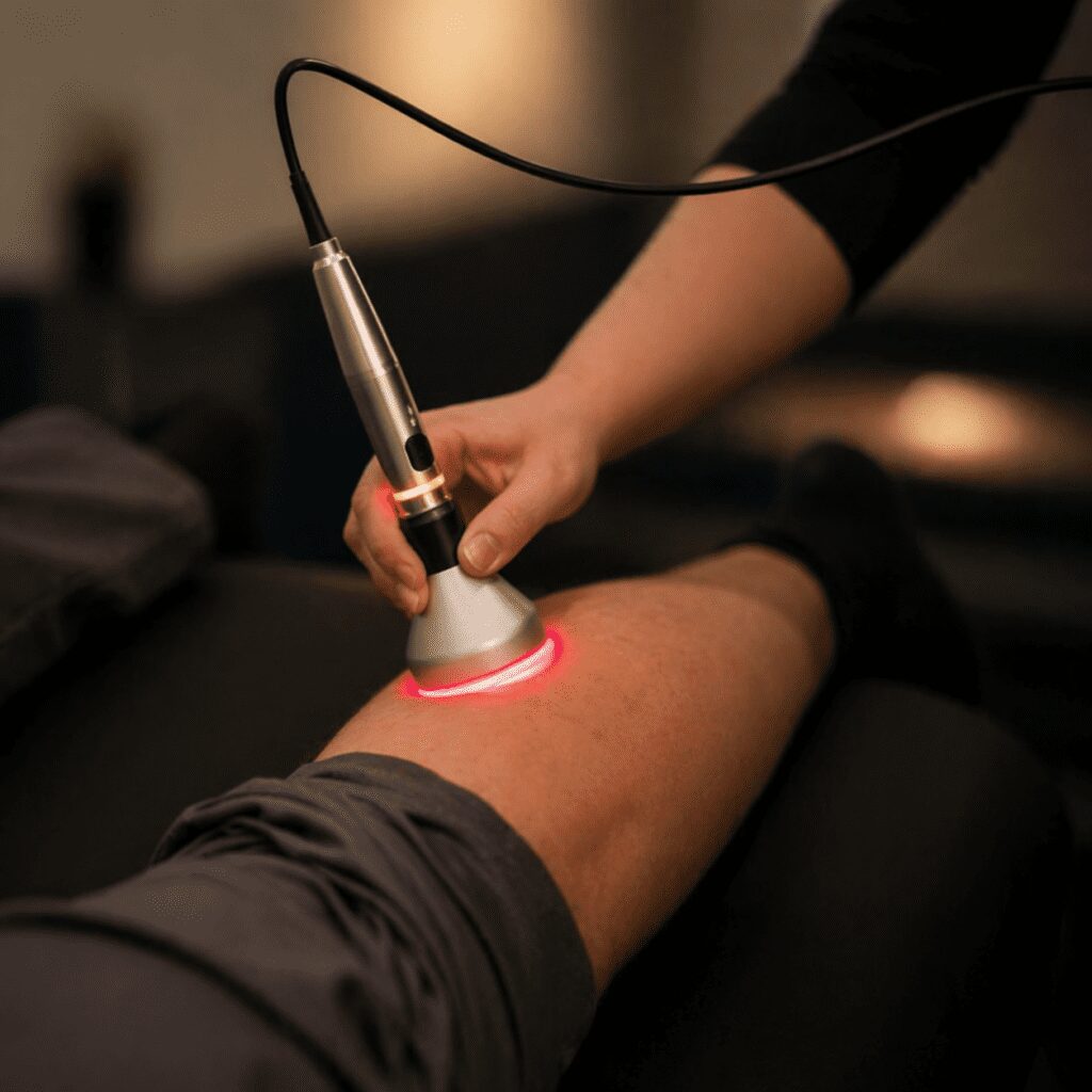 close-up of therapist applying laser therapy device to patient’s leg with focused red light and soft blurred clinical background