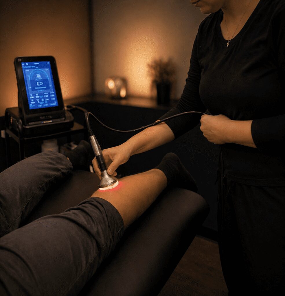 Therapist using a handheld laser therapy device on a patient’s leg in a warmly lit clinic, with equipment softly blurred in the background.