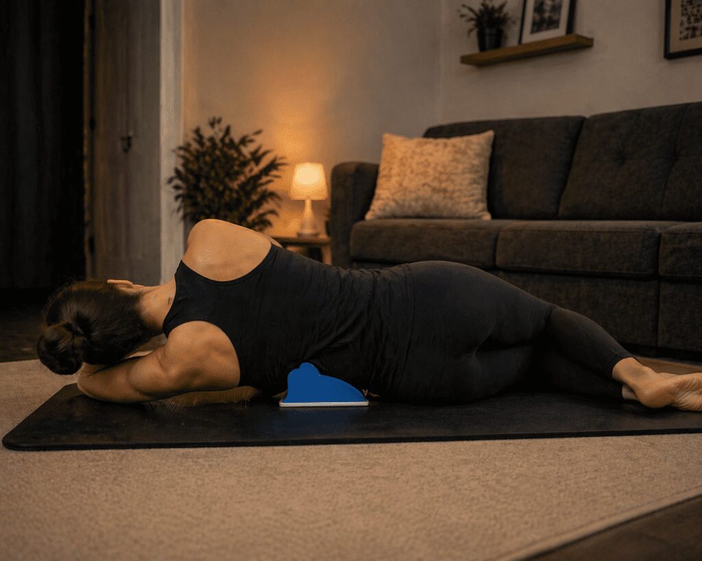 Woman lying on her side using a Scoliroll support device on a yoga mat in a warmly lit living room.