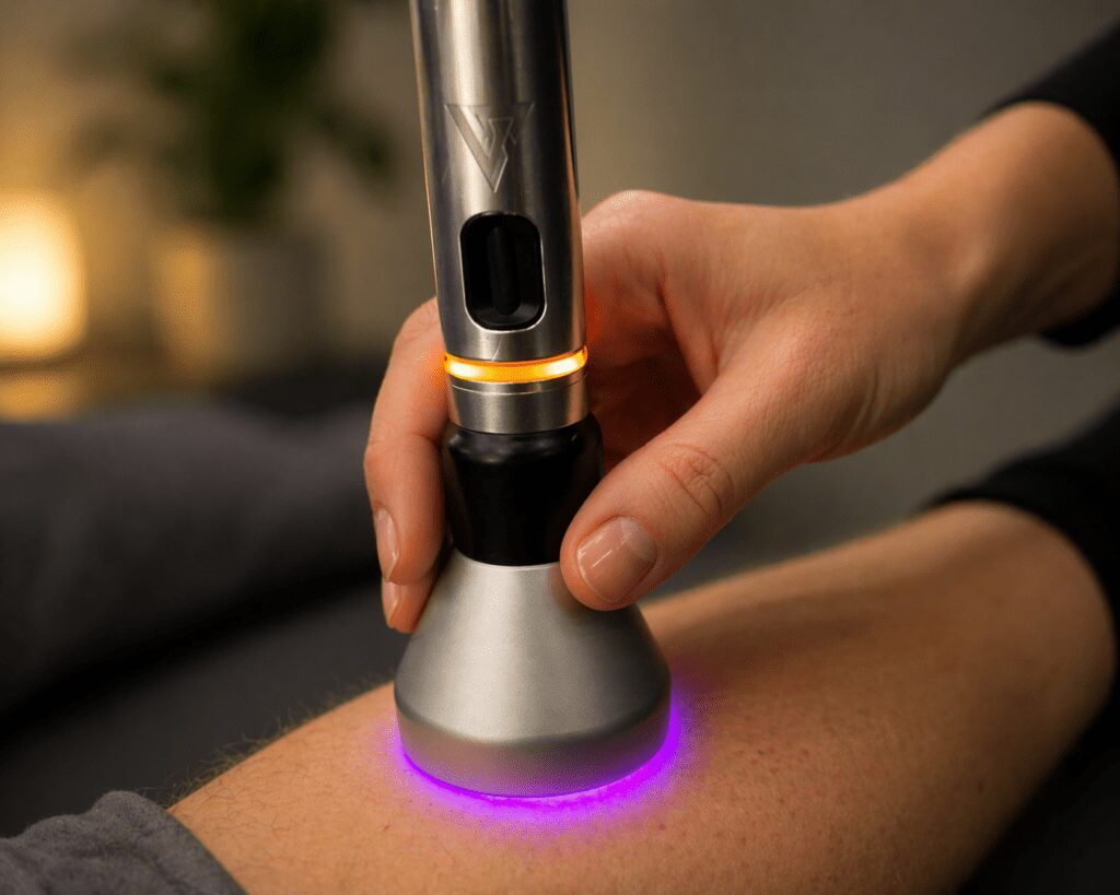 Close-up of a practitioner’s hand using a laser therapy device on a patient’s knee, with soft lighting and shallow depth of field.