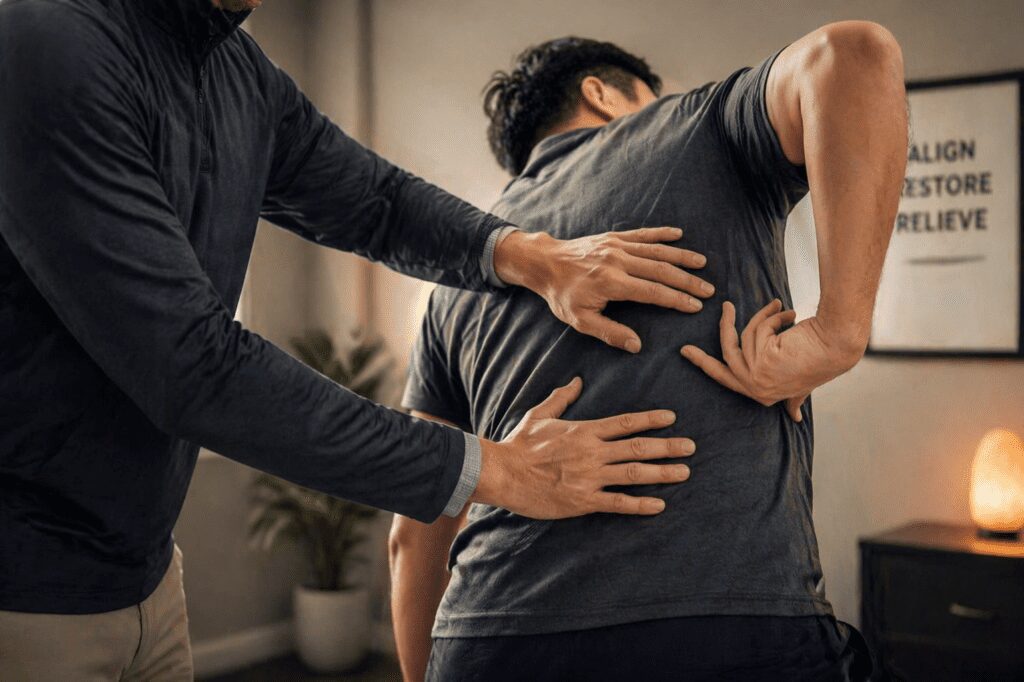 Practitioner assessing a patient’s lower back posture in a modern clinic, with soft lighting and neutral clothing.