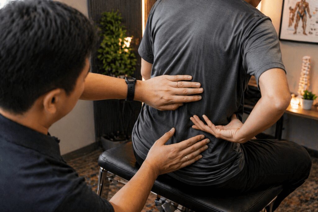 Chiropractor assessing a patient’s lower back posture and alignment in a modern clinical therapy setting.