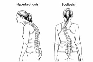 Illustration comparing hyperkyphosis and scoliosis, showing abnormal spinal curves from the side and back.
