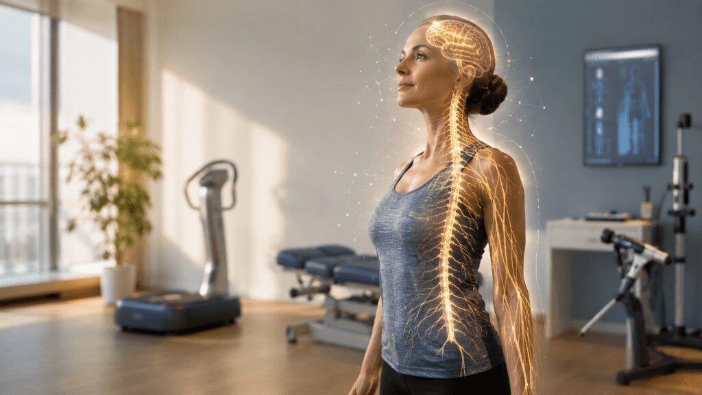 Adult standing with upright posture in a modern wellness clinic with a visual overlay of the brain, spinal cord, and nerves, representing neurowellness and nervous system health in Kelowna.
