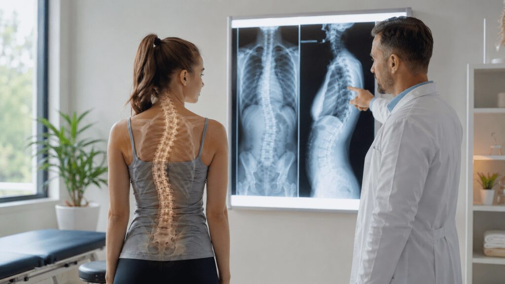 Doctor explaining scoliosis X-rays to a young patient with a spine overlay during Scoliosis Awareness Month at a modern rehabilitation clinic.
