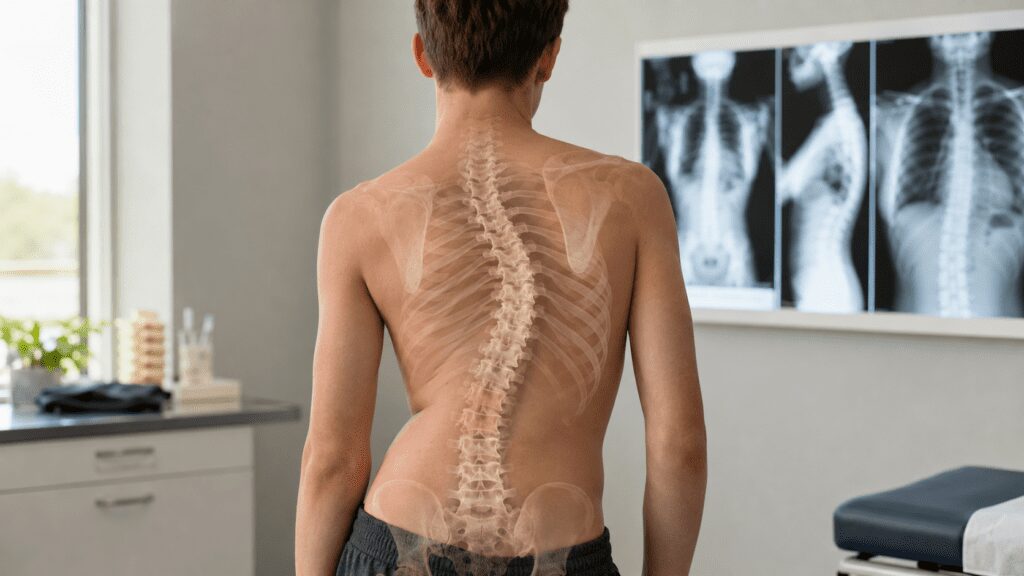 Photorealistic image showing a person with a semi-transparent spine and rib cage overlay demonstrating that scoliosis is a three-dimensional spinal condition.